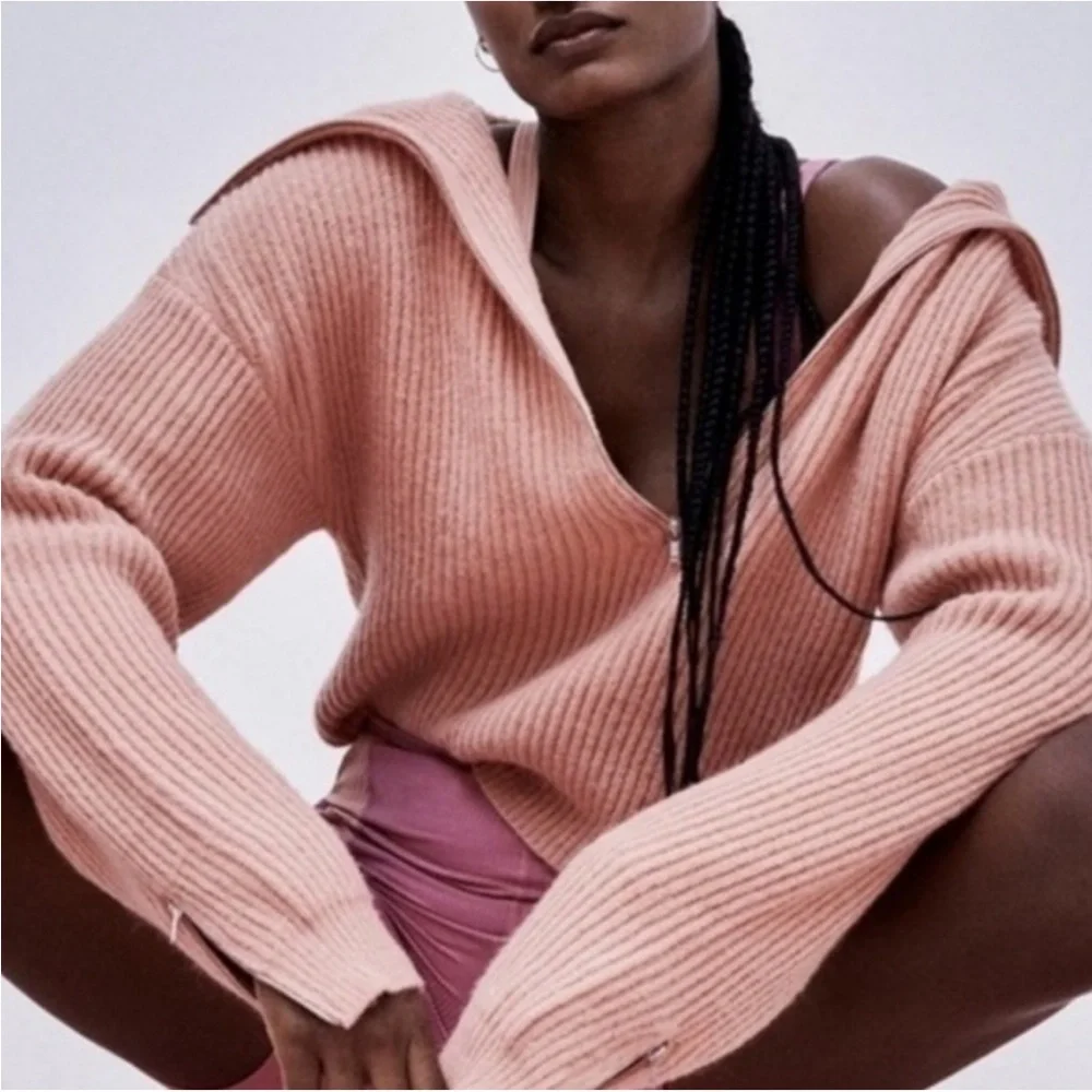 NEW NWT For Love & Lemons Ryan Half Zip Cropped Sweater In Rose Pink
